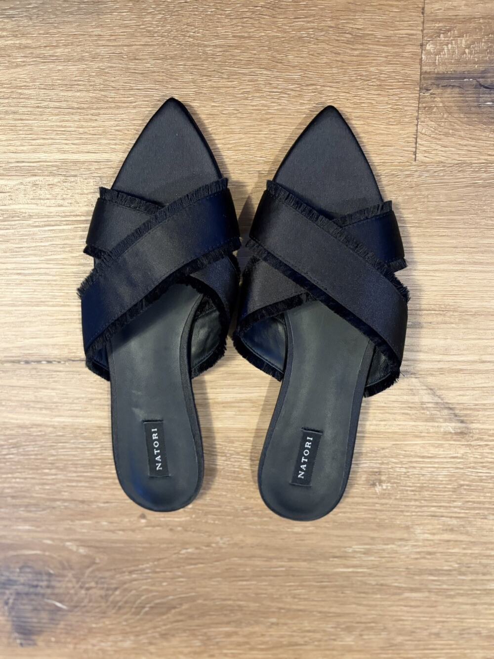 Natori Wayu Satin Fringe Cross Slide Sandals in black 8.5